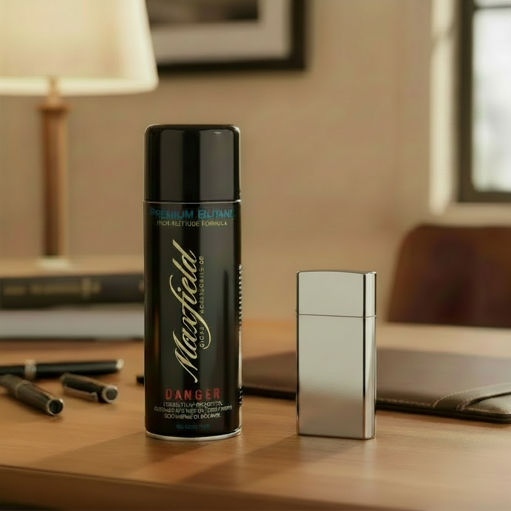 Maxfield Premium Butane can on a table with a lighter and writing utensils.