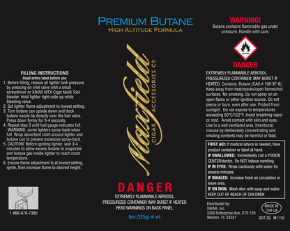 Label for Maxfield Accessories Co. Premium Butane with warning and instructions text.