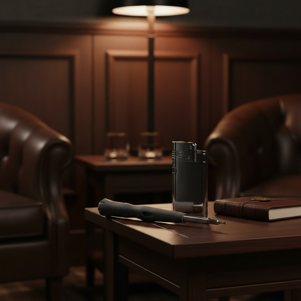 Xikar Lighter Tool on a wooden table in a dimly lit room with leather chairs.